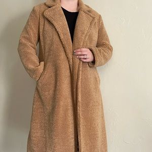 Something Navy Brown Classic Preppy Lined Long Sherpa Teddy Trench Coat L